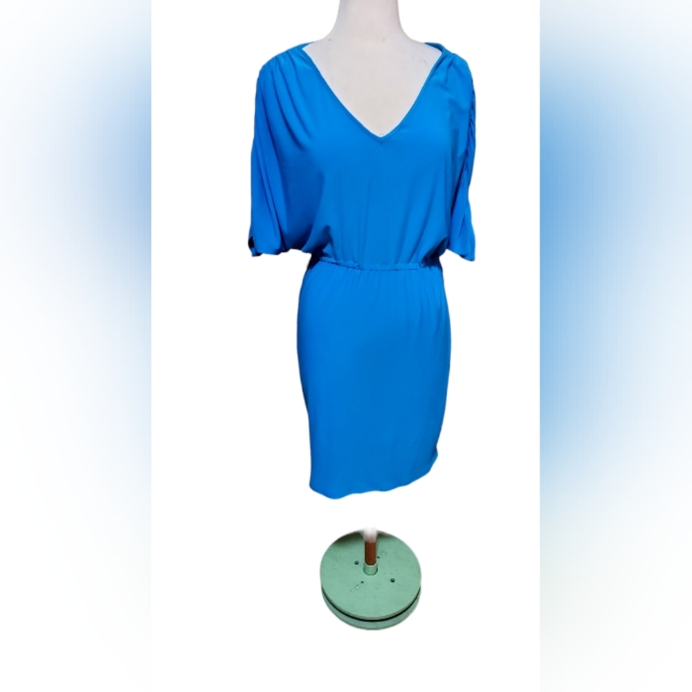 lauren ralph lauren dress 4p Midi Blue Bat Wing Slinky Stretch Bodycon Y…